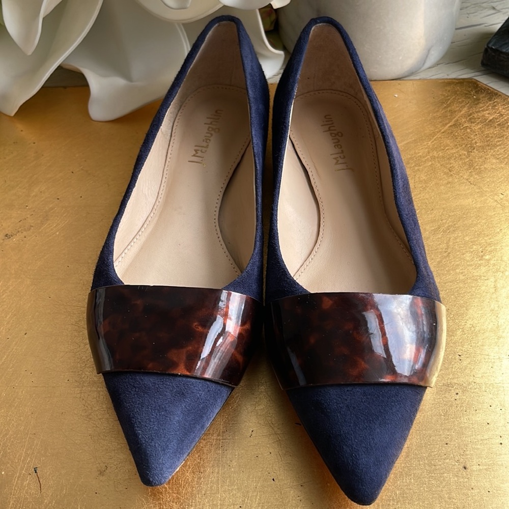 J. McLaughlin Mallory Flats in Navy Suede with Tortoise Shell Detail - Picture 2 of 14